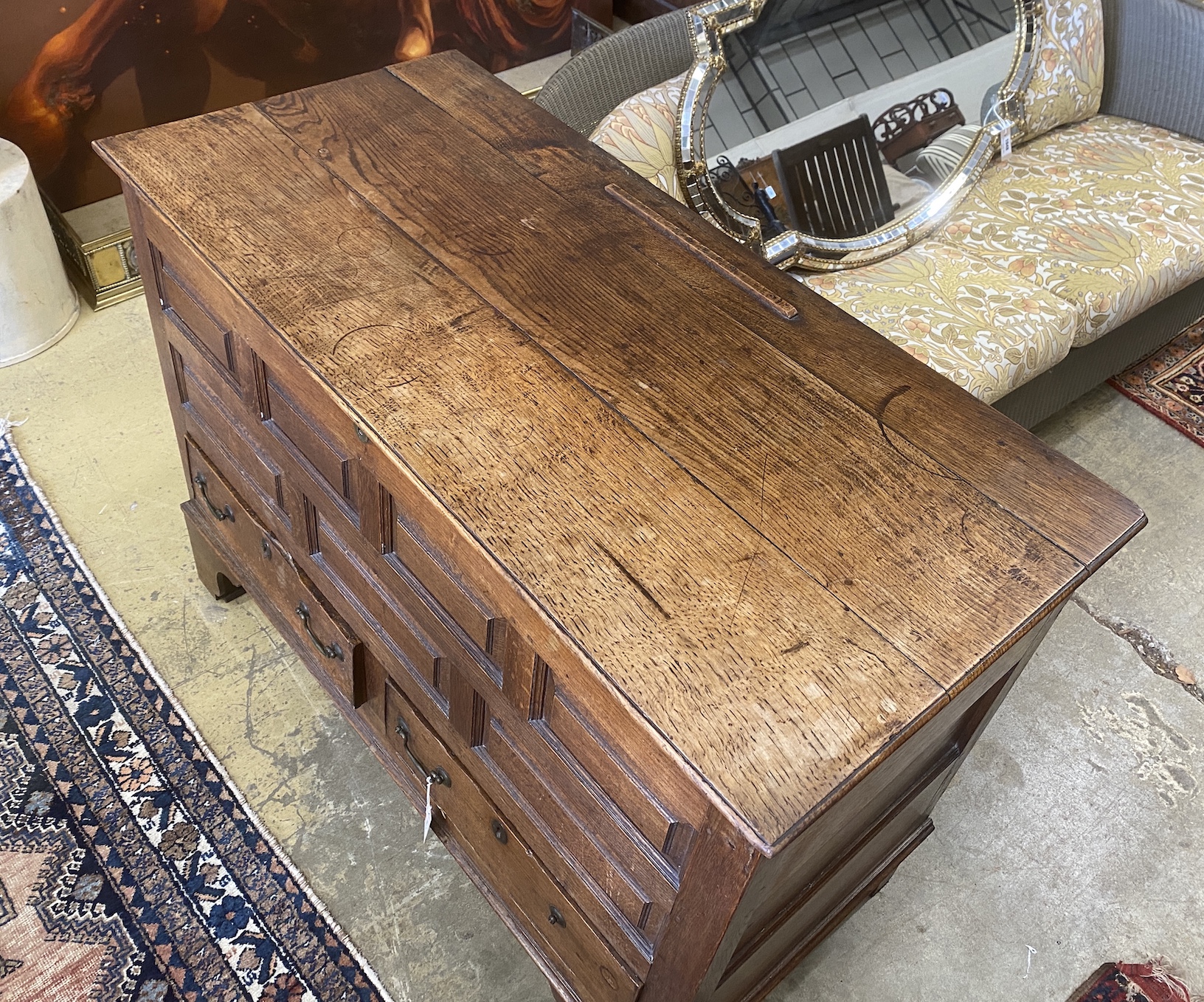 A George III oak mule chest, width 126cm, depth 60cm, height 93cm